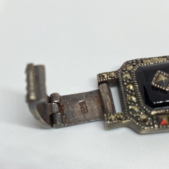 Vintage 925 Sterling Silver Marcasite Black Onyx Panel Deco Bracelet 8 3/8" - Picture 7 of 9